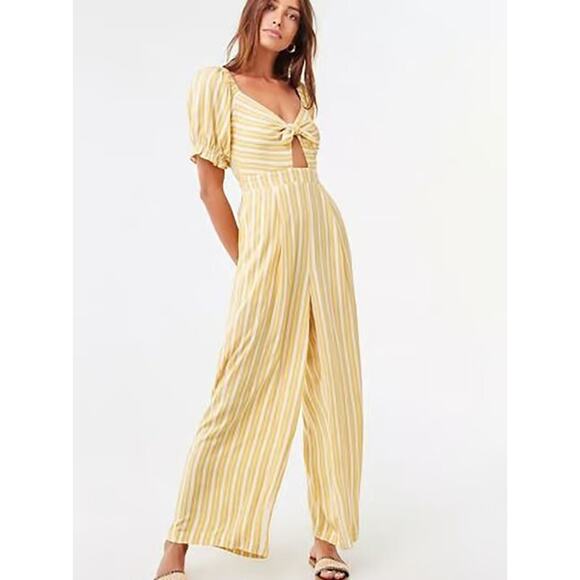 Forever 21 Medium Yellow Cream Stripe Tie Front Ruffle Sleeve Wide Leg Jumpsuit - Picture 1 of 9